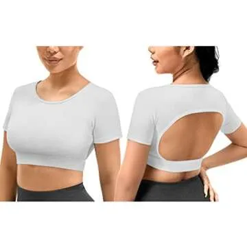 YEOREO Vanessa Women Tee Crop Tops with Removable Pad Workout Backless Gym Shirt Bra Going Out T Shirt Top White
