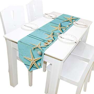 Double-Sided Ocean Theme Seashell Starfish Blue Wooden Table Runner 13 x 70 Inches Long,Table Cloth ...