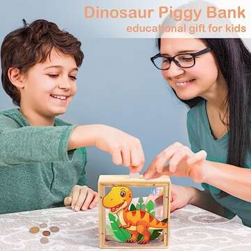 Piggy Bank for Kids, Wooden Money Coin Bank for Boys and Girls, Dinosaur Unicorn Piggy Banks with DI...