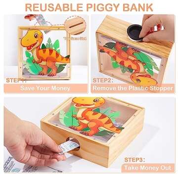 Piggy Bank for Kids, Wooden Money Coin Bank for Boys and Girls, Dinosaur Unicorn Piggy Banks with DIY Stickers for Birthday, Easter Gifts (Orange)
