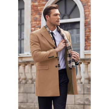 COOFANDY Men's Gentle Pea Coat Winter Warm Wool Blend Coat Business Dress Coats with Detachable Wool Scarf (Coffe L)