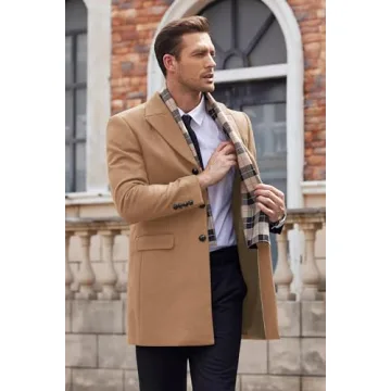 COOFANDY Men's Gentle Pea Coat Winter Warm Wool Blend Coat Business Dress Coats with Detachable Wool Scarf (Coffe L)