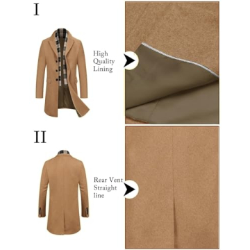 COOFANDY Men's Gentle Pea Coat Winter Warm Wool Blend Coat Business Dress Coats with Detachable Wool Scarf (Coffe L)