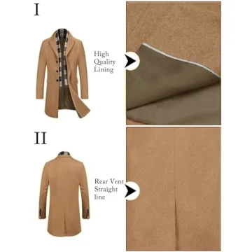 COOFANDY Men's Gentle Pea Coat Winter Warm Wool Blend Coat Business Dress Coats with Detachable Wool Scarf (Coffe L)