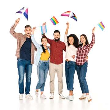 DricRoda Pride Flags, 70 Mini Pack of LGBT + Rainbow Stick Flags , Small Transgender Asexual Bisexual Pansexual Lesbian Progress Stripes Flags for Party Atmosphere, Window Display and Handing Out
