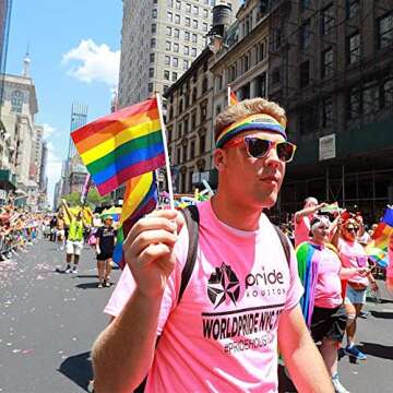 DricRoda Pride Flags, 70 Mini Pack of LGBT + Rainbow Stick Flags , Small Transgender Asexual Bisexual Pansexual Lesbian Progress Stripes Flags for Party Atmosphere, Window Display and Handing Out