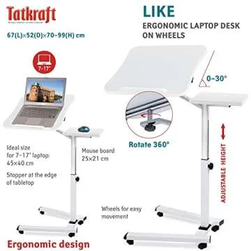 Tatkraft Like Portable Laptop Desk with Mouse Pad, Rolling Computer Stand with Adjustable Height, Sturdy and Ergonomic, White