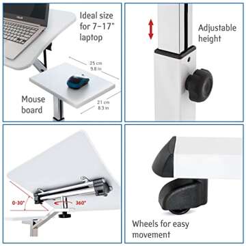 Tatkraft Like Portable Laptop Desk with Mouse Pad, Rolling Computer Stand with Adjustable Height, Sturdy and Ergonomic, White