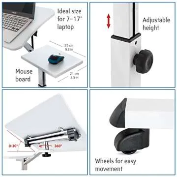 Tatkraft Like Portable Laptop Desk with Mouse Pad, Rolling Computer Stand with Adjustable Height, Sturdy and Ergonomic, White