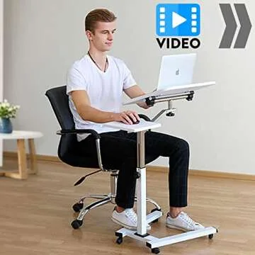 Tatkraft Like Portable Laptop Desk with Mouse Pad, Rolling Computer Stand with Adjustable Height, Sturdy and Ergonomic, White