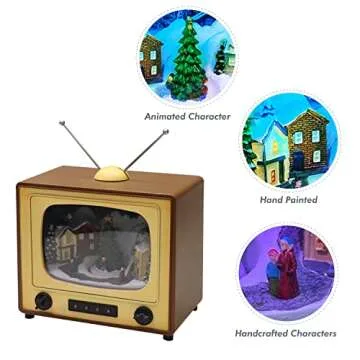 Moments in Time 6" H Animated Retro TV with Snowy Vilage Home Scene (Moving Tree) with LED Lights, 8 Classic Carols Christmas Music Battery Operated Hand-Painted Resin Polyresin Injection Plastic