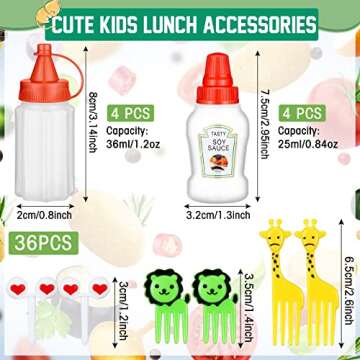Kritkin 8 Pcs Mini Condiment Bottles Ketchup Squeeze Bottles with 36 Pcs Animal Food Picks for Kids Mini sauce Bottle Salad Dressing Container for Camping Office School Kids Bento Box Accessories