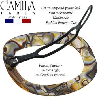 Camila Paris CP3355 French Hair Barrette Clip for Women, Handmade, Onyx, Slide-in Metal-Free Closure, Strong Hold Grip Hair Clips for Girls, No Slip Durable Styling Hair Accessories, Made in France
