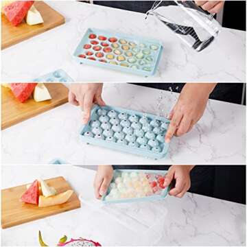 Round Ice Cube Trays 3 Pack Circle Ice Ball Maker Mold Small Round Ice Cube Trays for Freezer with Lid & Bin Mini Sphere Ice Tray for Cocktail Coffee Juice Chilled Whiskey (Blue)