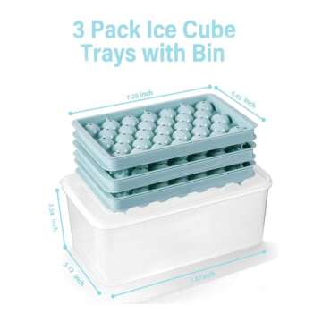 Round Ice Cube Trays 3 Pack Circle Ice Ball Maker Mold Small Round Ice Cube Trays for Freezer with Lid & Bin Mini Sphere Ice Tray for Cocktail Coffee Juice Chilled Whiskey (Blue)