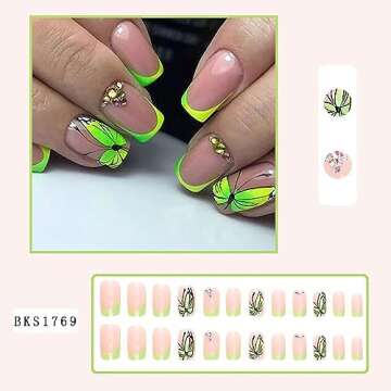 Vezocim Butterfly Press on Nails: 24Pcs Short French Fake Nails with Rhinestones