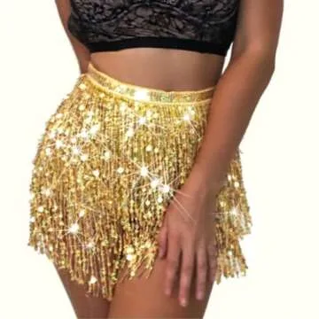 Zoestar Sequin Belly Dance Skirt Tassel Hip Scarf Multiplayer Dance Belt Party Performance Skirt Wrap for Women (Gold)