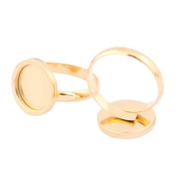 Reidgaller 10pcs Stainless Steel Gold Plated Adjustable Round 12mm Cabochon Ring Base Blank DIY Bezel Setting Trays for Jewelry Making