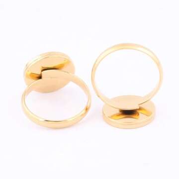 Reidgaller 10pcs Stainless Steel Gold Plated Adjustable Round 12mm Cabochon Ring Base Blank DIY Bezel Setting Trays for Jewelry Making