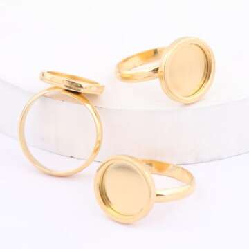 Reidgaller 10pcs Stainless Steel Gold Plated Adjustable Round 12mm Cabochon Ring Base Blank DIY Bezel Setting Trays for Jewelry Making