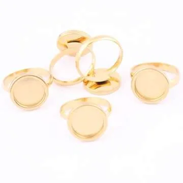 Reidgaller 10pcs Stainless Steel Gold Plated Adjustable Round 12mm Cabochon Ring Base Blank DIY Bezel Setting Trays for Jewelry Making