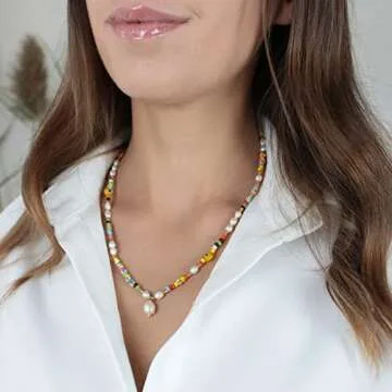 Wellike Evil Eye Necklace for Women Colorful Beaded Necklace Yellow Glaze Women Real Pearl Pendant Necklace Bohemian Handmade Beads Choker Necklace Stainless Steel 18K Gold Plated Summer Jewelry