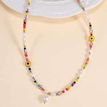 Wellike Evil Eye Necklace for Women Colorful Beaded Necklace Yellow Glaze Women Real Pearl Pendant Necklace Bohemian Handmade Beads Choker Necklace Stainless Steel 18K Gold Plated Summer Jewelry