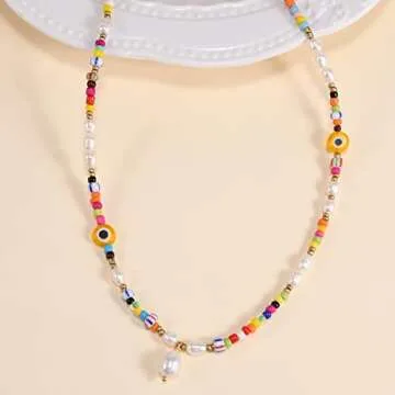 Wellike Evil Eye Necklace for Women Colorful Beaded Necklace Yellow Glaze Women Real Pearl Pendant Necklace Bohemian Handmade Beads Choker Necklace Stainless Steel 18K Gold Plated Summer Jewelry