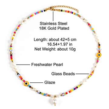 Wellike Evil Eye Necklace for Women Colorful Beaded Necklace Yellow Glaze Women Real Pearl Pendant Necklace Bohemian Handmade Beads Choker Necklace Stainless Steel 18K Gold Plated Summer Jewelry