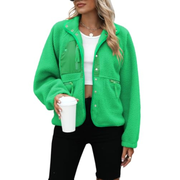 Yanekop Womens Sherpa Jacket Fuzzy Fleece Coat Long Sleeve Green Jacket Winter Coats Clothes Warm Ou...