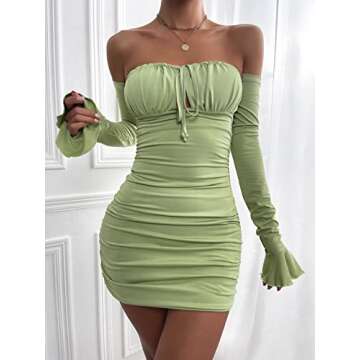 XSTSUP Womens Sexy Off Shoulder Bodycon Mini Dress with Long Sleeves and Side Ruched Design, Perfect...