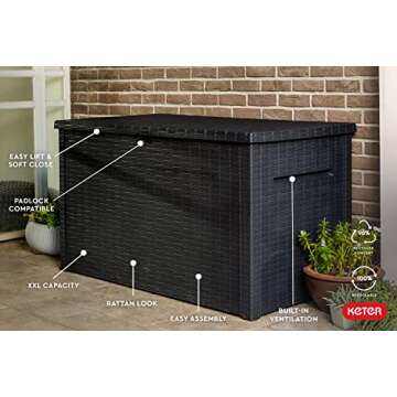 Keter Java XXL 230 Gallon Resin Rattan Look Large Outdoor Storage Deck Box for Patio Furniture Cushions, Pool Toys, and Garden Tools, Dark Grey