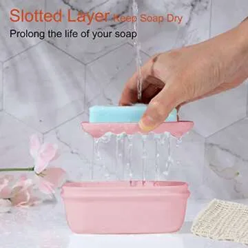 Quatish 1 Pack Soap Holder with Soap Saver Bag, Travel Soap Container with Lid, Portable Bar Soap Holder, Leakproof Soap Box with Perforations, Soap Dishes for Traveling, Camping, Gym,Pink