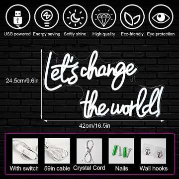 Horseneon Let's Change the World Neon Led Sign, White Neon Signs for Wall Decor, Neon Lights Signs w...