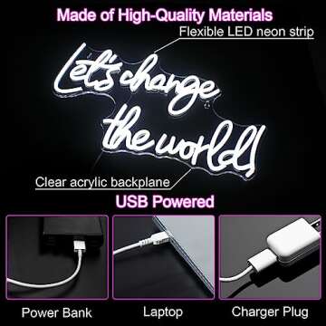 Horseneon Let's Change the World Neon Led Sign, White Neon Signs for Wall Decor, Neon Lights Signs with USB Powered for Bedroom, Living room, Wall Hanging Decor