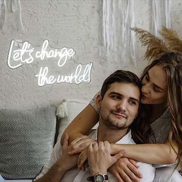 Horseneon Let's Change the World Neon Led Sign, White Neon Signs for Wall Decor, Neon Lights Signs with USB Powered for Bedroom, Living room, Wall Hanging Decor