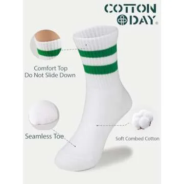 COTTON DAY Unisex School Kids Boys Girls Soft Cotton White Athletic Socks with Colorful Stripes 10-1...