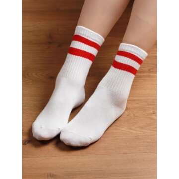 COTTON DAY Unisex School Kids Boys Girls Soft Cotton White Athletic Socks with Colorful Stripes 10-12 Years XL (12)