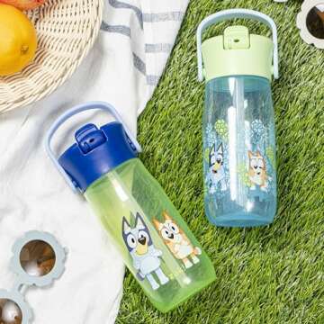 Zak Designs Harmony Bluey Water Bottle for Travel or At Home, 18oz Recycled Plastic is Leak-Proof When Closed with Straw Lid and Carry Handle, 2-Pack (Bluey and Bingo)