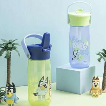 Zak Designs Harmony Bluey Water Bottle for Travel or At Home, 18oz Recycled Plastic is Leak-Proof When Closed with Straw Lid and Carry Handle, 2-Pack (Bluey and Bingo)