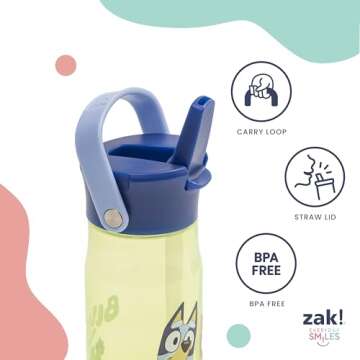 Zak Designs Harmony Bluey Water Bottle for Travel or At Home, 18oz Recycled Plastic is Leak-Proof When Closed with Straw Lid and Carry Handle, 2-Pack (Bluey and Bingo)