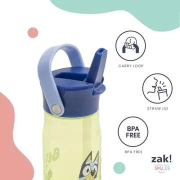 Zak Designs Harmony Bluey Water Bottle for Travel or At Home, 18oz Recycled Plastic is Leak-Proof When Closed with Straw Lid and Carry Handle, 2-Pack (Bluey and Bingo)