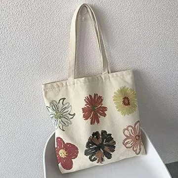 Women canvas Tote Bag for Women Shoulder Bag with zipper Work Beach Travel and Shopping Grocery Bag One Size Whiteflower