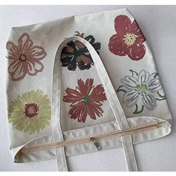 Women canvas Tote Bag for Women Shoulder Bag with zipper Work Beach Travel and Shopping Grocery Bag One Size Whiteflower