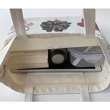 Women canvas Tote Bag for Women Shoulder Bag with zipper Work Beach Travel and Shopping Grocery Bag One Size Whiteflower