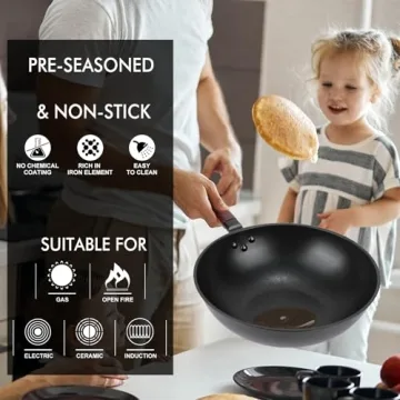 Teewe Carbon Steel Wok Pan with Lid - Versatile Nonstick Cookware