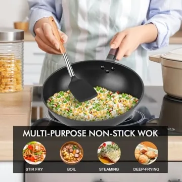 Teewe Carbon Steel Wok Pan with Lid - Versatile Nonstick Cookware