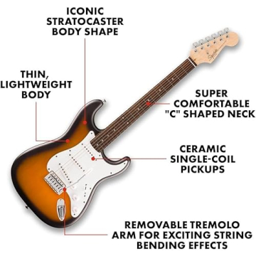 Fender Squier Debut Series Stratocaster Electric Guitar, Beginner Guitar, 2-Color Sunburst with Matte Finish + Fender Mustang Micro Headphone Amplifier