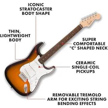 Fender Squier Debut Series Stratocaster Electric Guitar, Beginner Guitar, 2-Color Sunburst with Matte Finish + Fender Mustang Micro Headphone Amplifier