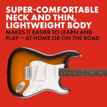Fender Squier Debut Series Stratocaster Electric Guitar, Beginner Guitar, 2-Color Sunburst with Matte Finish + Fender Mustang Micro Headphone Amplifier